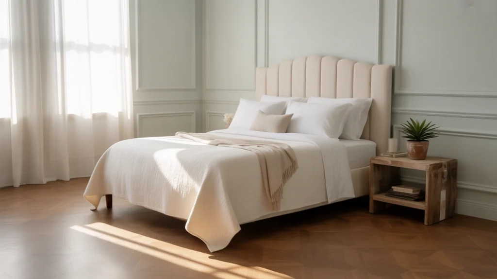 Soft blue walls and cream bedding setting a serene tone in a blue and cream bedroom.