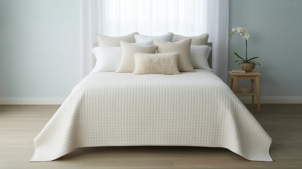 Soft pastel blue bedroom with white bedding and light wood furniture creating a serene relaxing vibe.