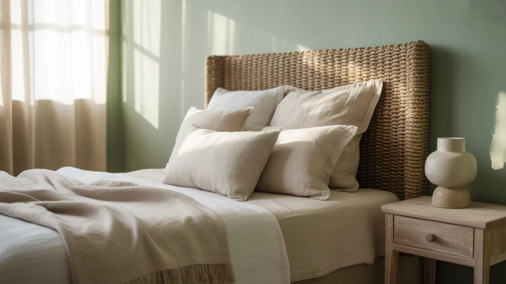 Boho coastal bedroom in soft seafoam and beige color palette with linen bedding and natural wood furniture.