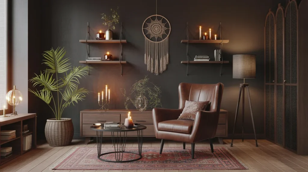 Vintage-inspired dark boho living room with rug, velvet armchair, and floating shelves.