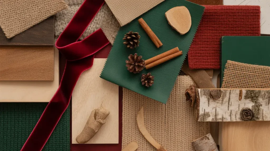 Warm cozy cabin Christmas color palette with forest green, red, and natural wood tones