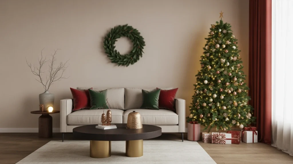 Living room in red, green, and gold tones showing warm Christmas color palette decor