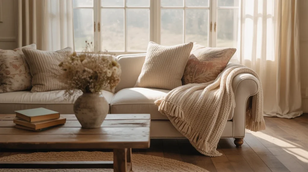 Warm farmhouse living room with neutral beige sofa and cozy rustic accent