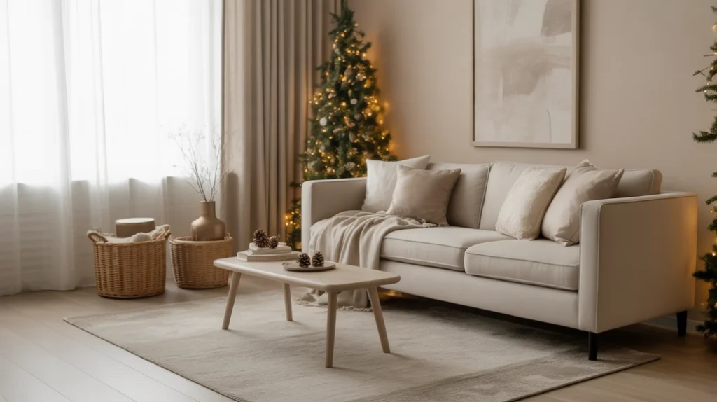 living room styled in warm taupe and cream tones showing a soft winter color palette for cozy interiors with candles and neutral decor.