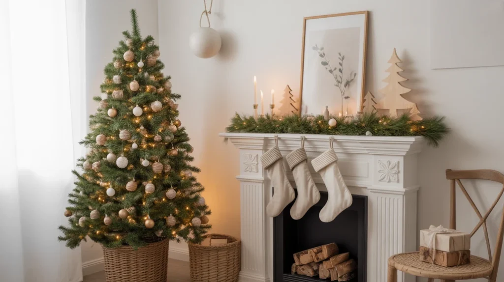 Minimalist Scandinavian Christmas living room with white walls, wooden accents, and natural garland for a cozy neutral holiday style.
