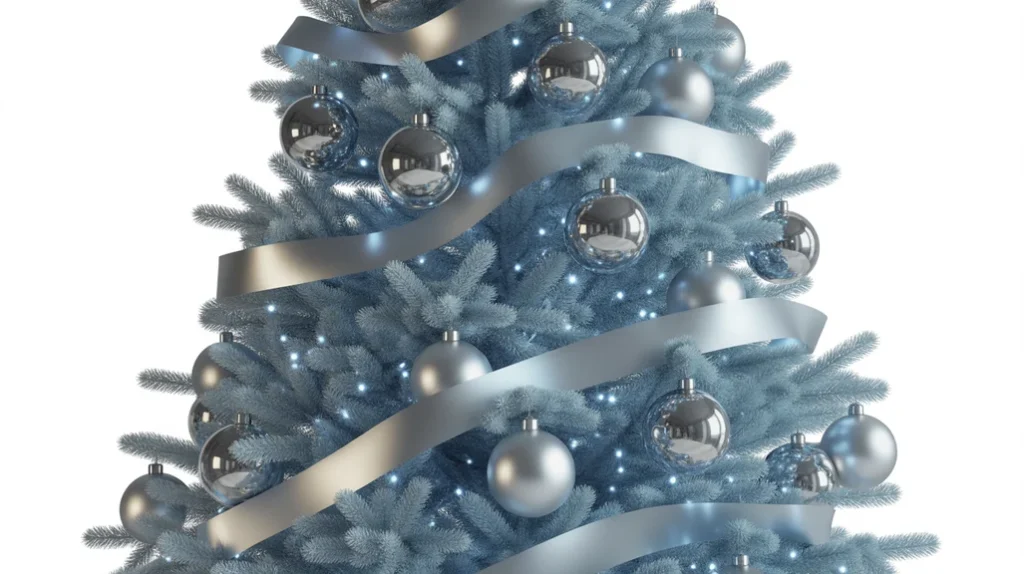 Modern blue and silver Christmas tree decorated with clear glass ornaments, mirror-finish baubles, and transparent ribbons for airy sophistication.