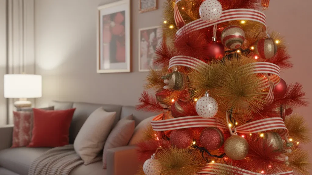 Playful candy-apple red and shimmering gold Christmas tree with striped ribbons and sparkling ornaments for a fun family space.