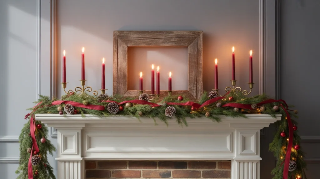 Cranberry-Red-and-Moss-Green — Traditional cranberry and moss green Christmas colors with pinecones and garlands