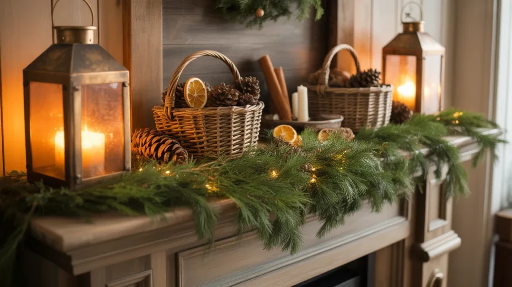 Evergreen garlands and burnished gold lanterns styled for a cozy farmhouse holiday look.