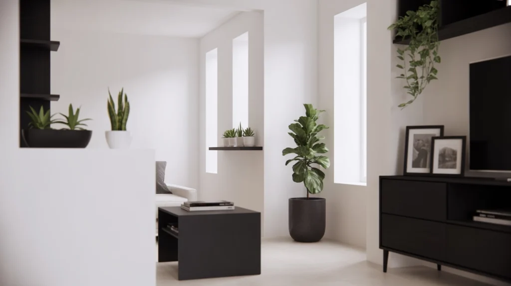 Urban minimalist home decorated with white and matte black Christmas palette and subtle greenery.