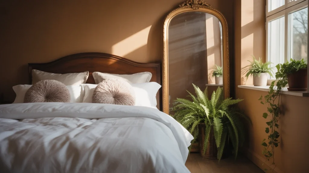 Bedroom with brown painted walls, white bedding, and gold mirror decor