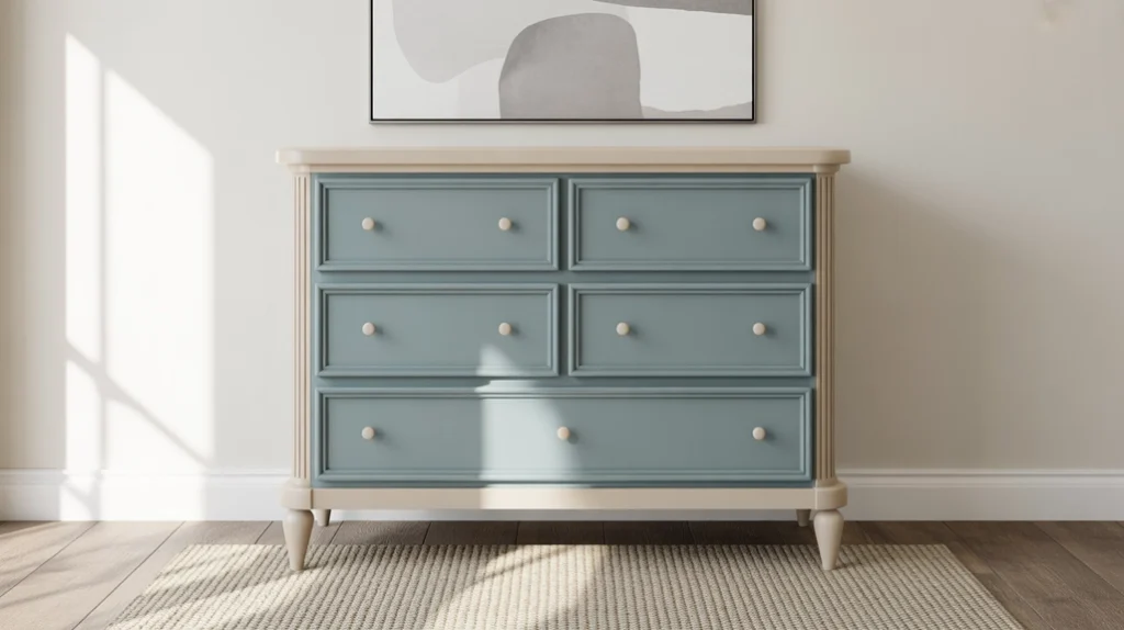 wo-tone blue and cream furniture blending seamlessly in a cozy bedroom retreat.