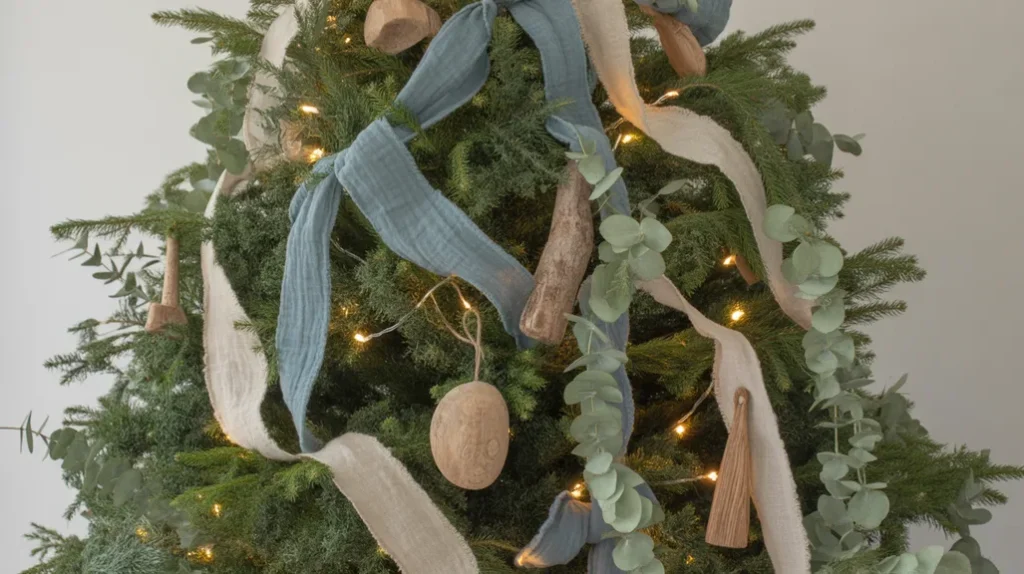 Blue and green Christmas decor with eucalyptus branches, natural wood, and linen ribbons for an earthy holiday vibe.