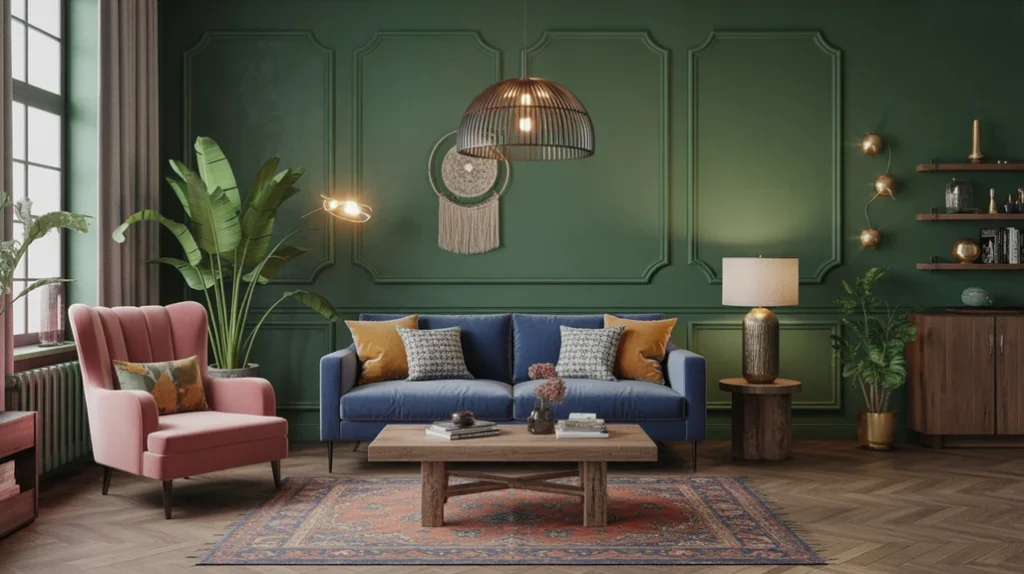 “Bold pops of color in a boho living room with emerald walls, pink chair, and blue sofa.