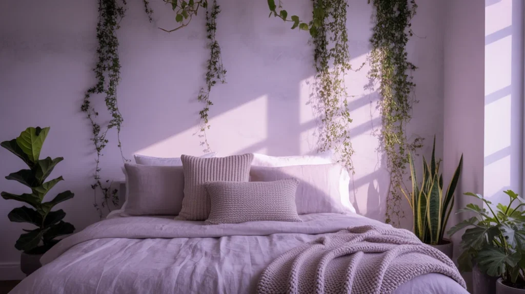 Lavender bedroom with indoor plants adding freshness and balance — nature-inspired purple bedroom ideas.