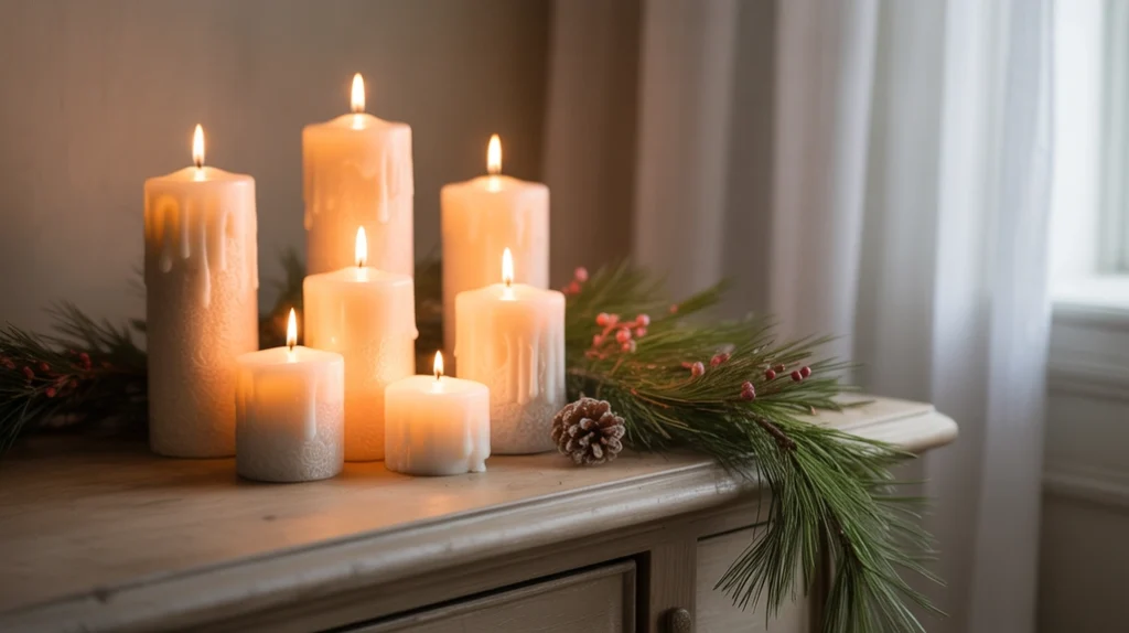 Candles glowing with pine garland creating soft Christmas ambience in cozy living room