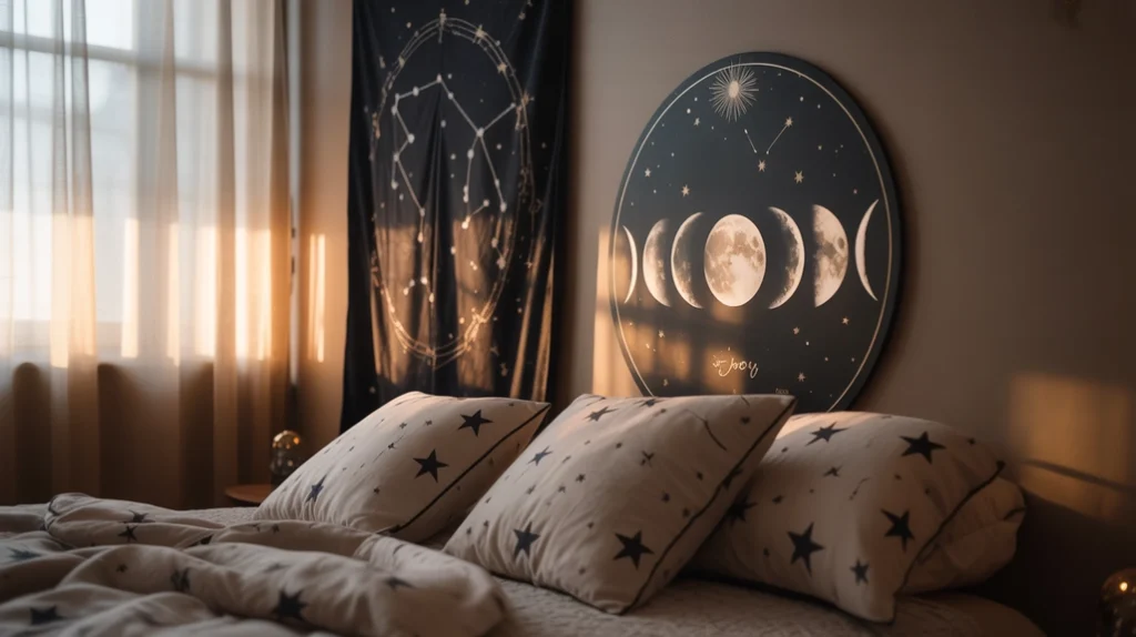 Moon and star wall art — celestial witchy bedroom ideas.