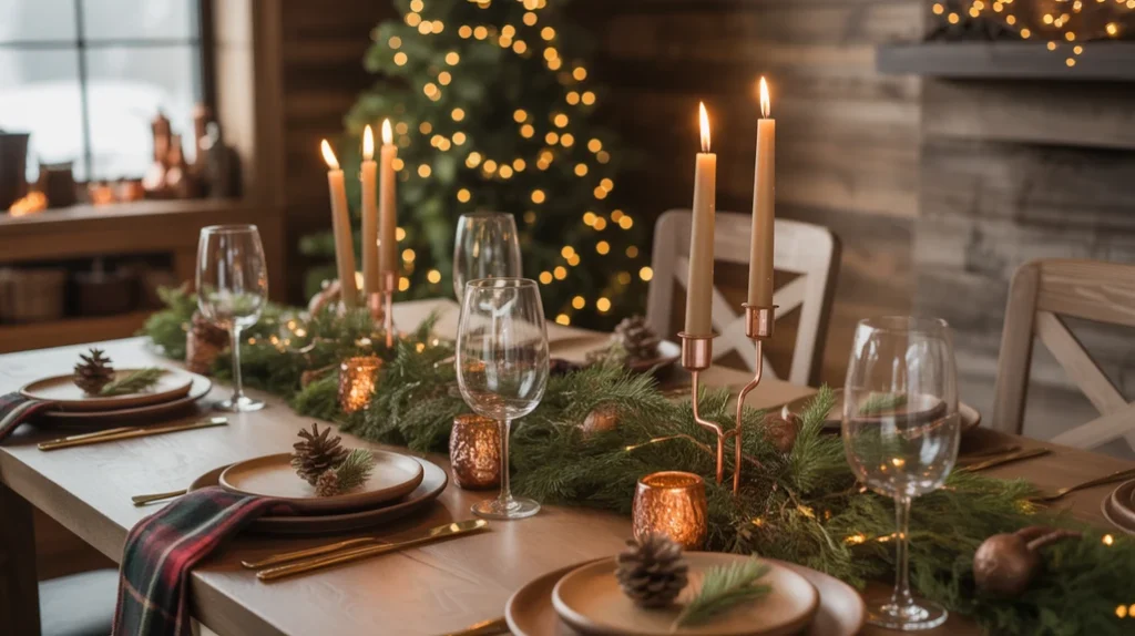 Rustic copper and green Christmas home decor featuring wood, greenery, and warm festive lighting.