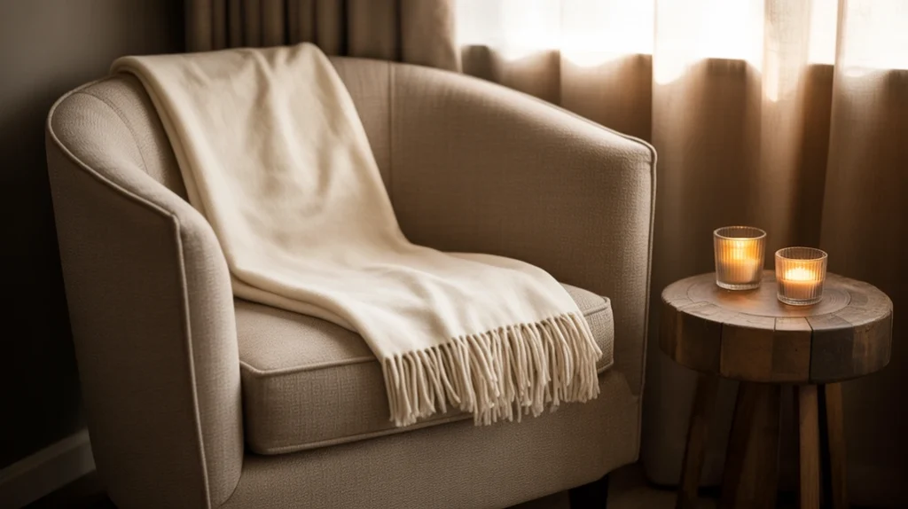 Romantic bedroom with cozy seating nook and intimate styling.