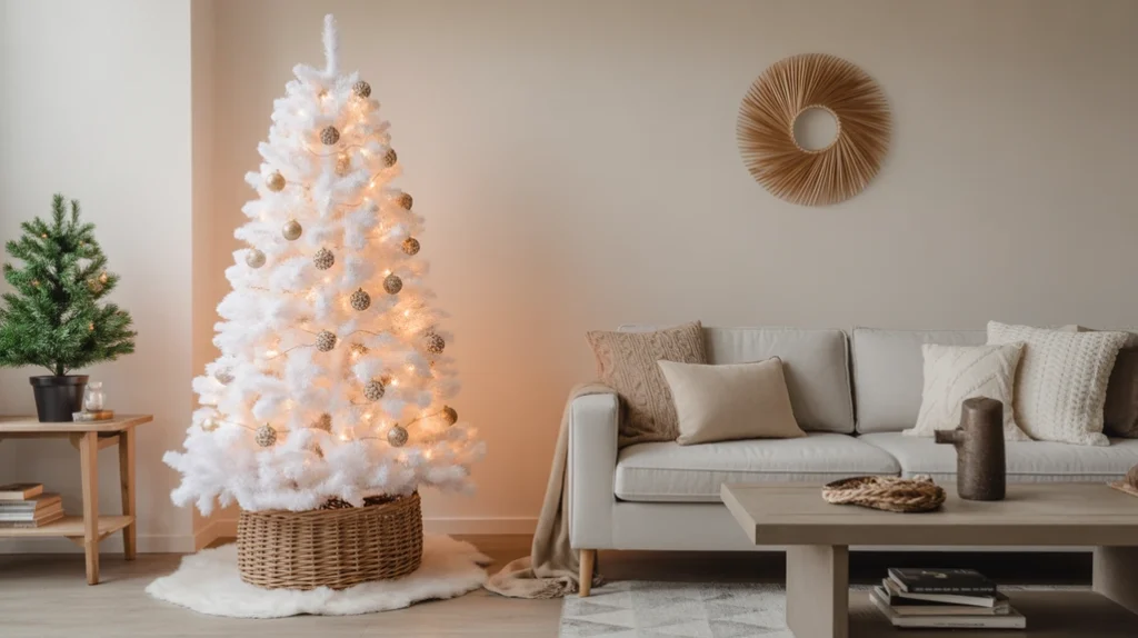 Neutral Christmas tree with woven basket base and faux fur skirt for a cozy rustic living room.