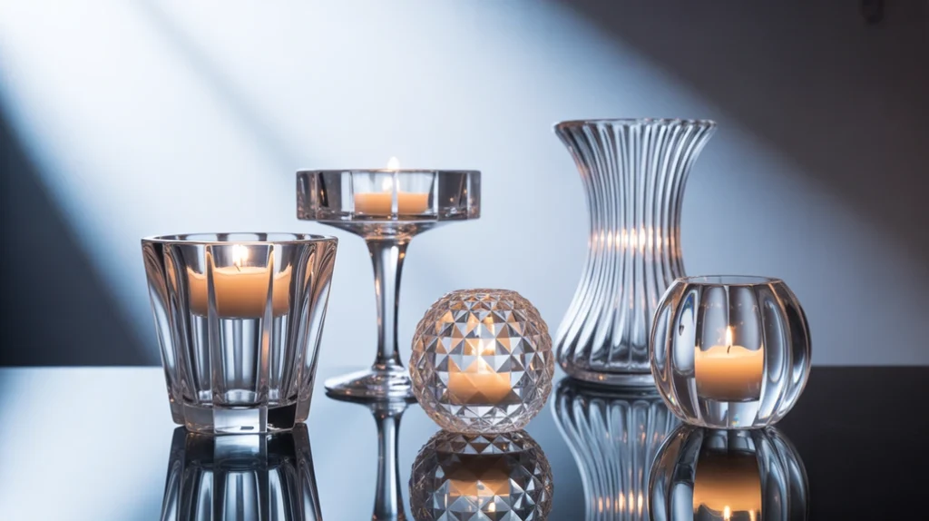 Crystal candleholders and glass vases reflecting candlelight for an elegant winter living room display.