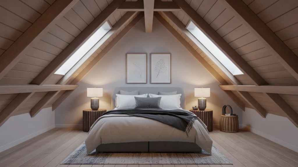 exposed-beams-architectural-details-attic-bedroom – attic bedroom ideas highlighting exposed wooden beams and architectural charm