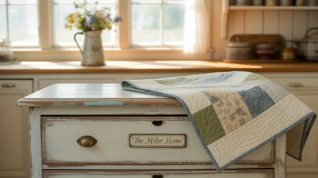 DIY farmhouse bedroom décor with chalk-painted dresser and handmade quilt.
