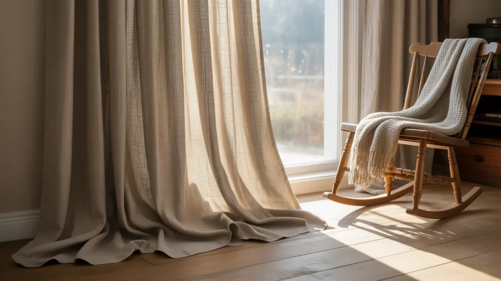 Farmhouse curtains in soft linen fabric, floor-length and neutral colored