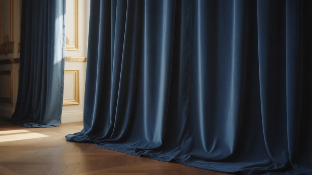 Floor-to-ceiling navy blue curtains, elegant and luxurious design.