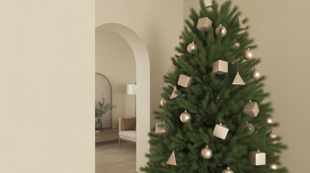Geometric metallic ornaments on a minimalist Christmas tree for a mid-century modern inspired space.