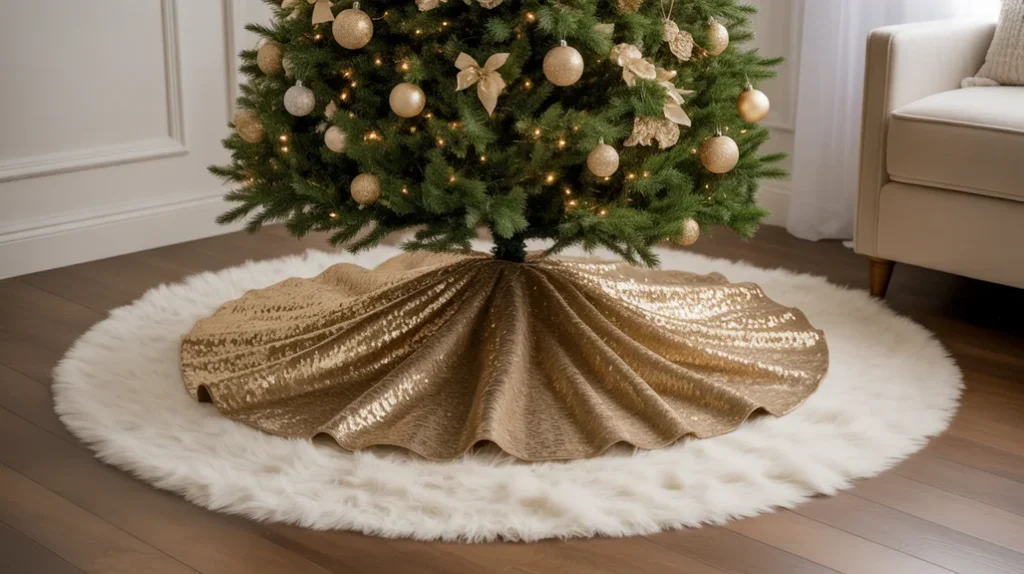 Gold sequin tree skirt and faux-fur base elevating elegant Christmas tree styling.
