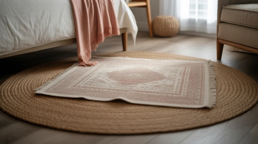 “Soft rumpled white linen bedding, beige throw, minimal wooden side table, sunlight and calm tone”