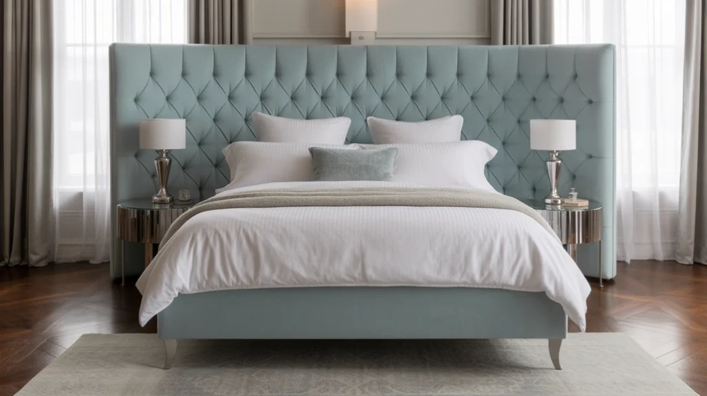 Light blue bedroom with ceramic bedside lamps and warm dim lighting for relaxation.