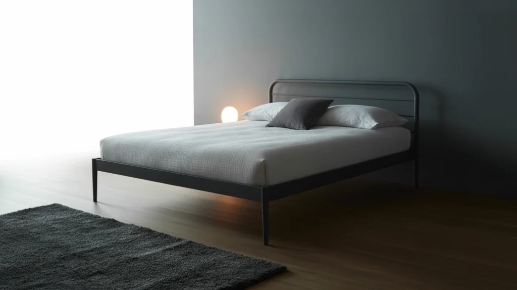 Minimalist cozy moody bedroom with simple dark décor.