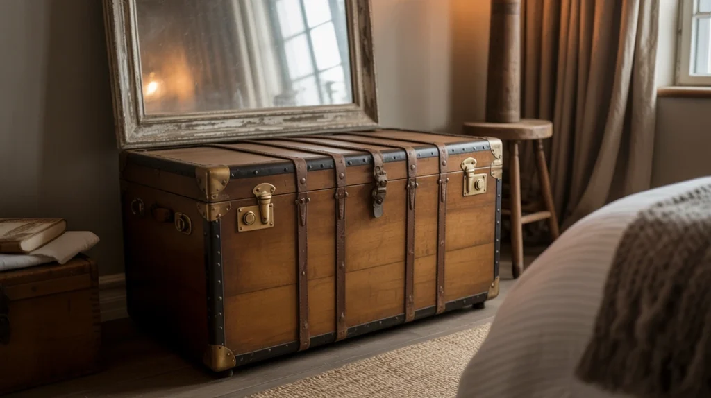 Vintage trunk and antique mirror featured in modern farmhouse bedroom ideas.