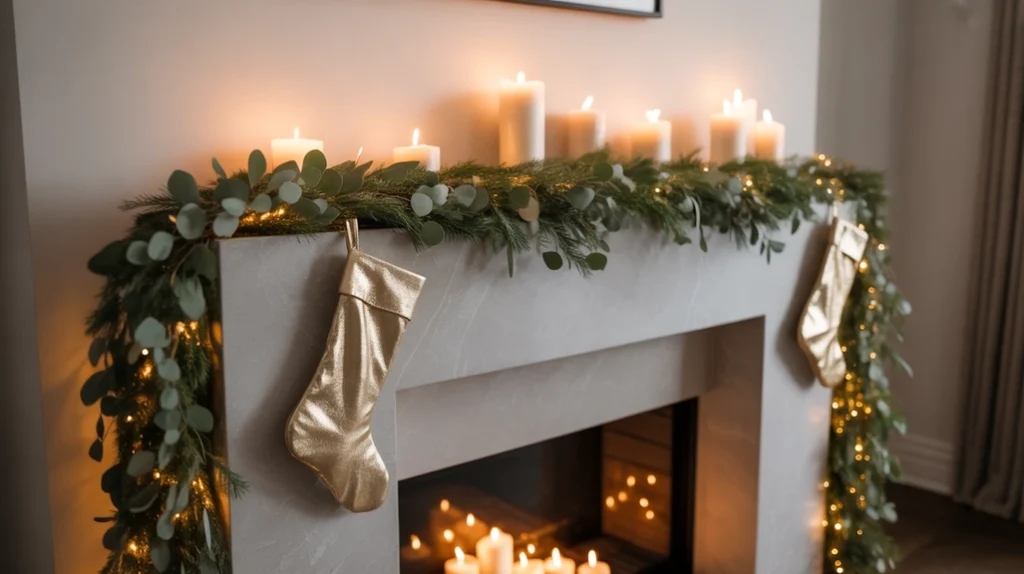 Modern Christmas fireplace decorated with eucalyptus garland, candles, and elegant metallic details.
