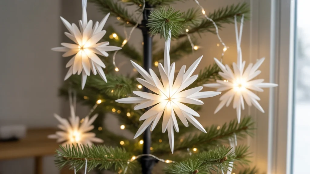 “DIY paper snowflake ornaments for minimalist Christmas tree styling”