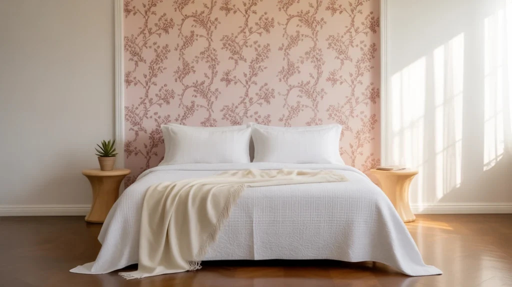 Pink bedroom with floral wallpaper and neutral modern furniture