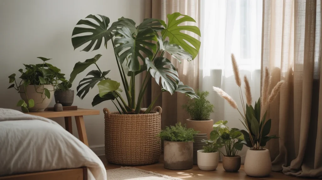 Indoor plants like monstera and pothos adding natural balance to eclectic bedroom design.