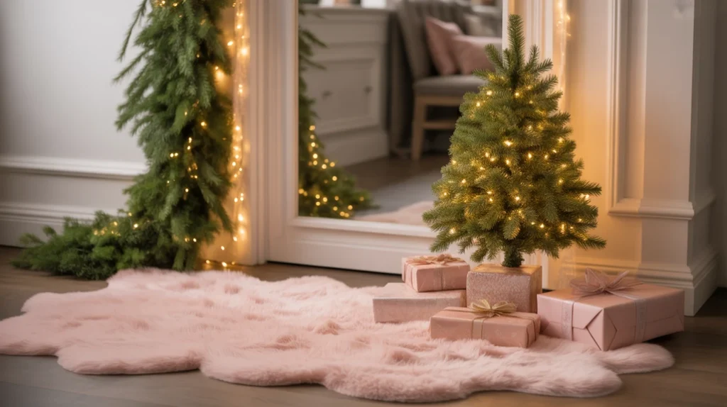 Romantic blush Christmas entryway with garland, pre-lit mini tree, and wrapped gifts in soft pink tones.