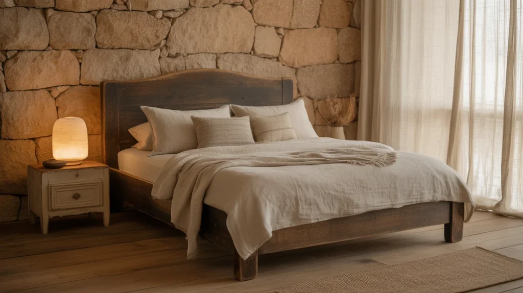 Rustic bedroom with natural stone wall, wooden bed frame, and warm lighting