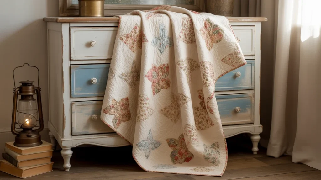 Rustic farmhouse bedroom décor with DIY chalk-painted furniture and quilt.