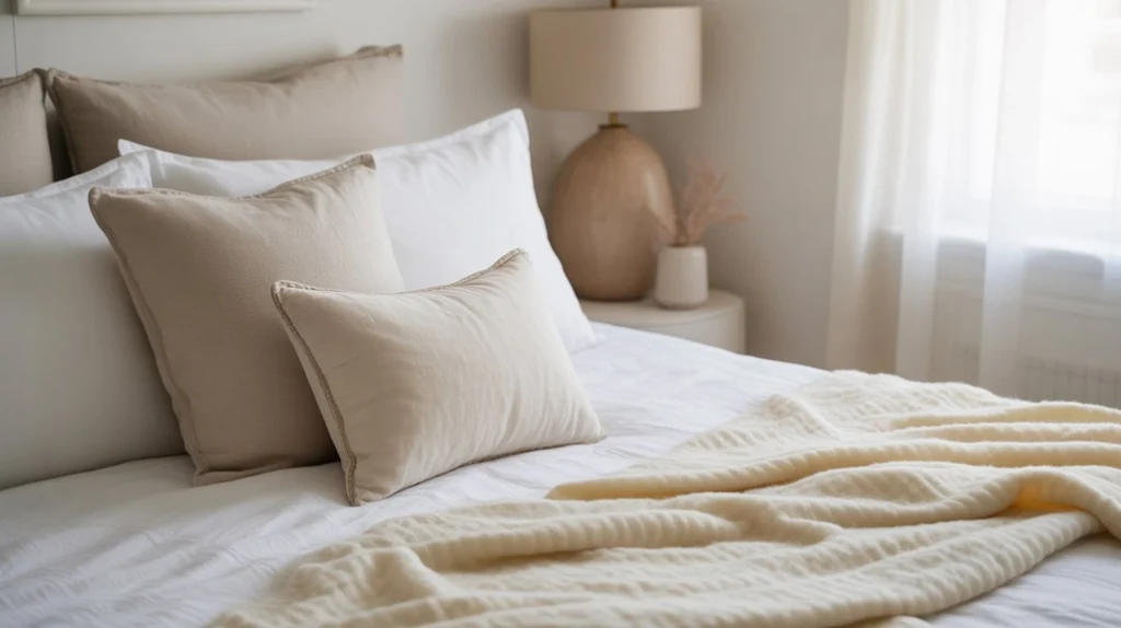 Snowflake cushions and frosted wreath adding whimsy to elegant winter interior décor