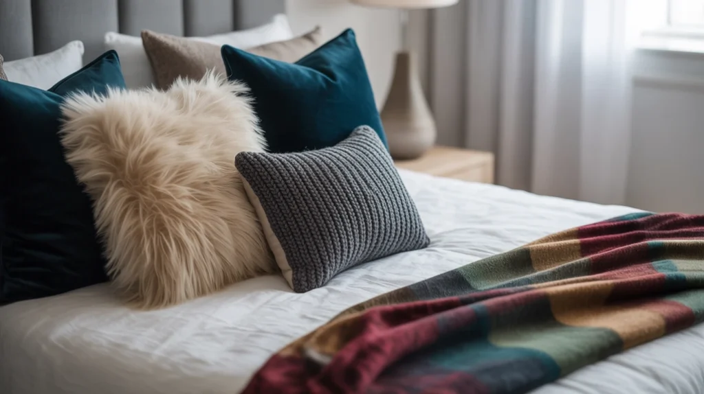 Bed styled with faux fur pillows, velvet cushions, and soft knit throws.