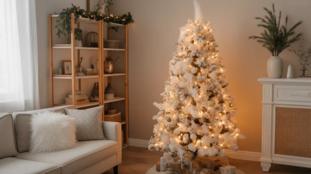 Neutral tree with warm white fairy lights and organic textures.