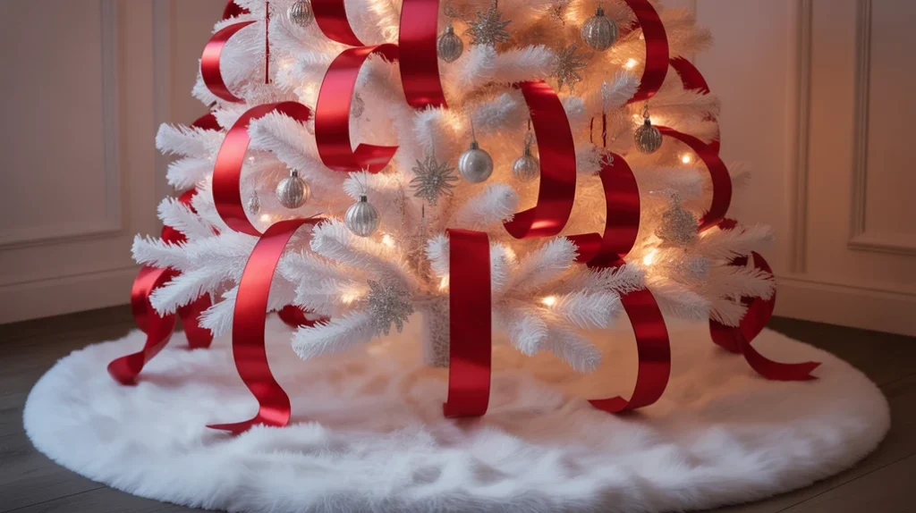 white christmas tree with cascading red satin ribbons and clear ornaments for a bold, elegant holiday centerpiece.