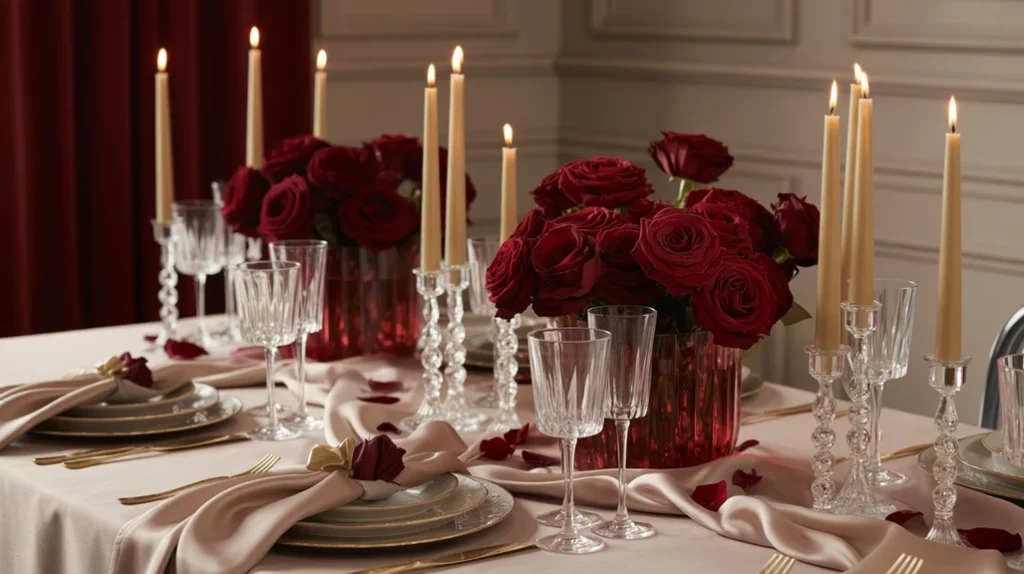 Wine red and champagne Christmas table decor with candles, roses, and champagne glasses for romantic holiday ambiance.