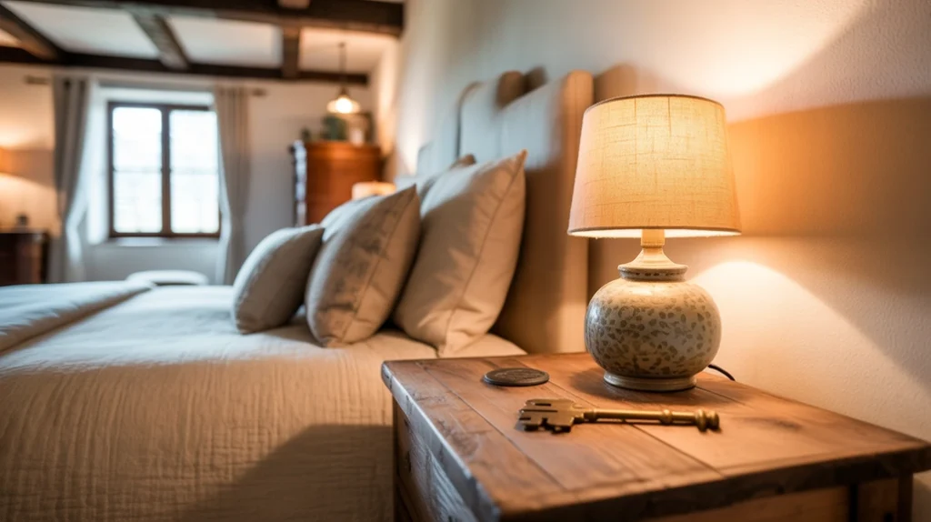 Wooden nightstands and reclaimed wood dresser adding rustic charm to bedroom