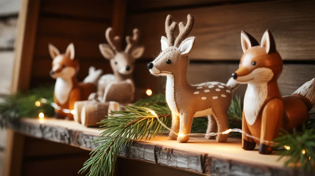 Woodland Christmas decorations with deer, fox ornaments, pine branches, and fairy lights