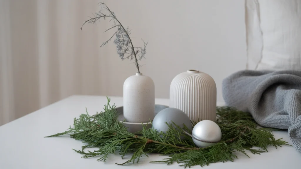Scandinavian-inspired winter decor using soft gray and evergreen tones with minimal ornaments and wood textures.
